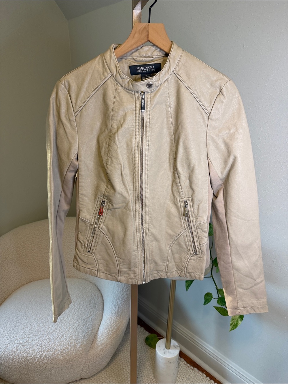 Kenneth Cole Reaction Light Cream Leather Moto Jacket